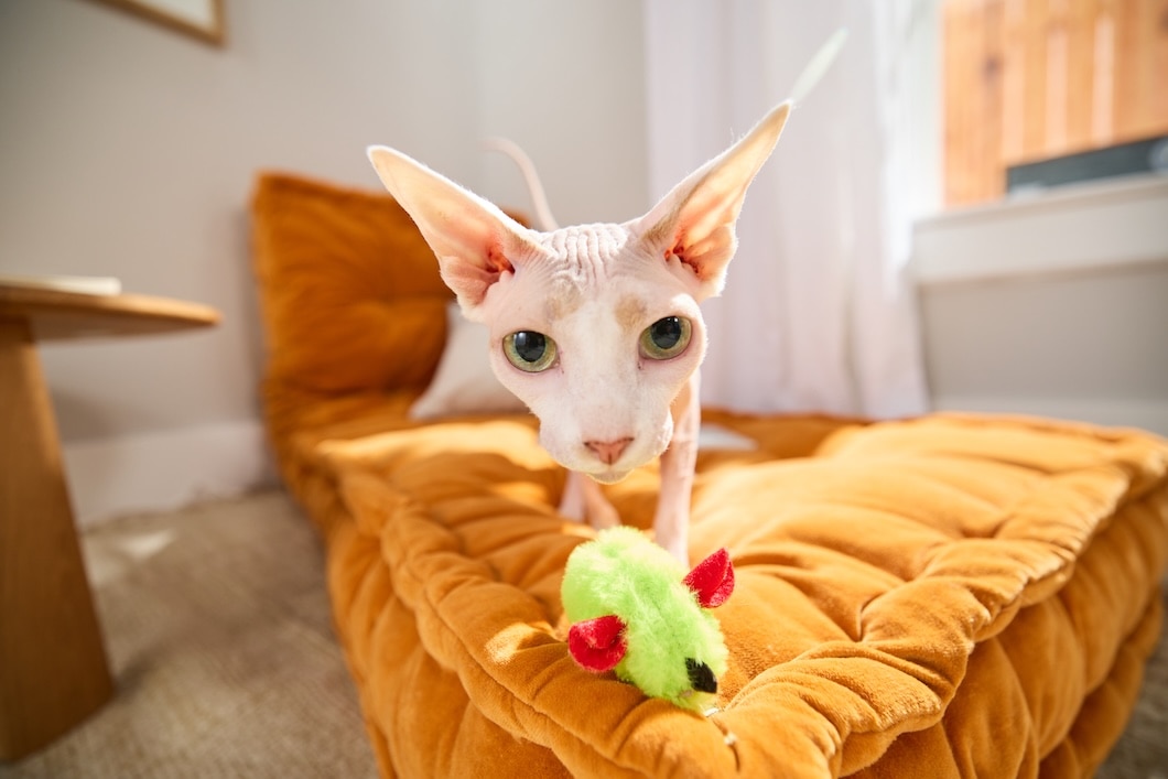 Hairless Sphynx cat with green eyes standing on an orange cushion behind a green toy mouse.