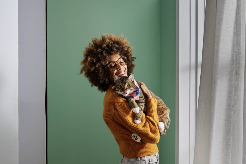 does my cat love me: a tabby cat in a checkered scarf is being held by his pet parent mom in their living room with a green wall in the background.