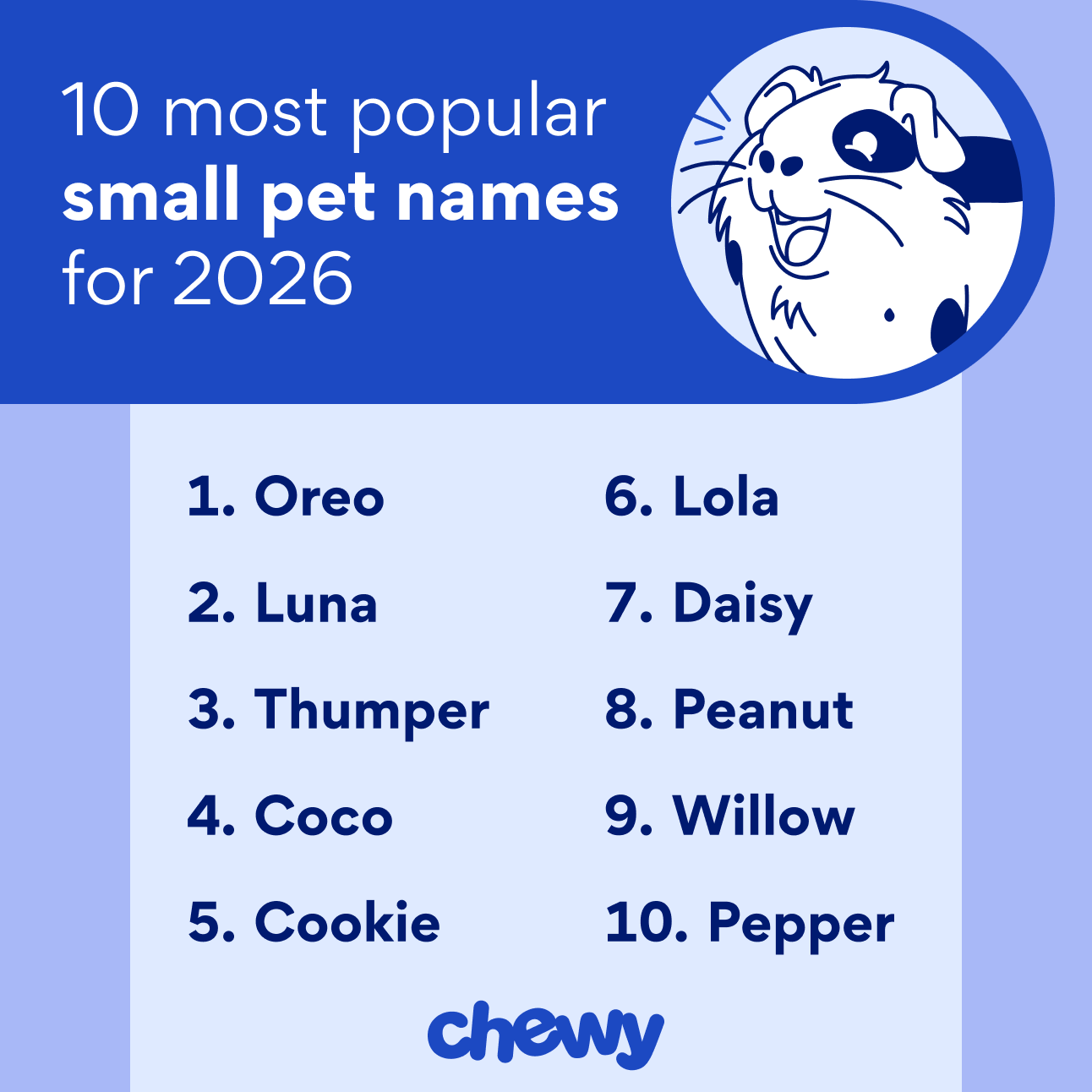 10 most popular small pet names for 2026: Oreo, Luna, Thumper, Coco, Cookie, Lola, Daisy, Peanut, Willow, Pepper