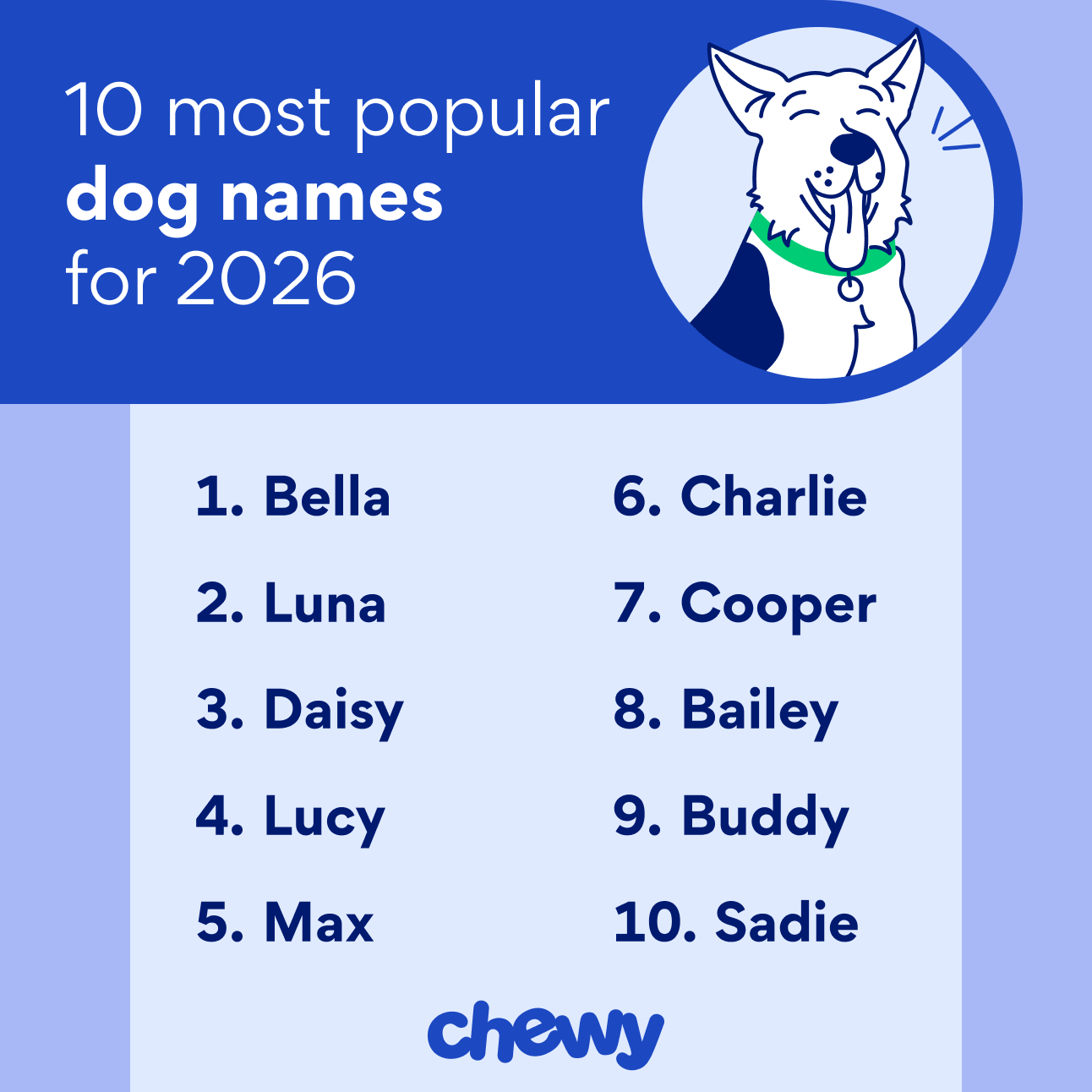 10 most popular dog names for 2026: Bella, Luna, Daisy, Lucy, Max, Charlie, Cooper, Bailey, Buddy, Sadie