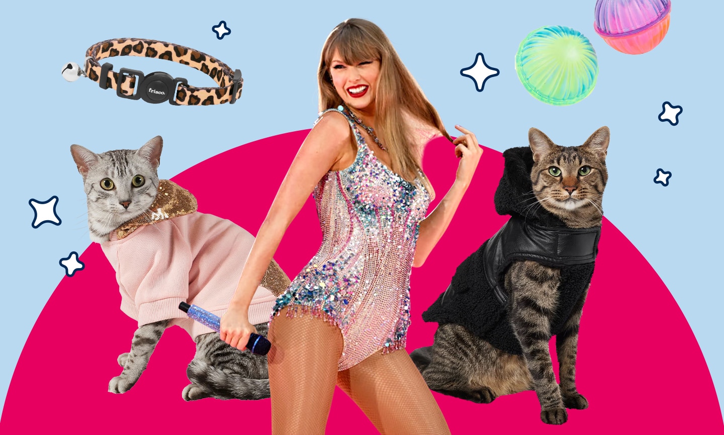 Taylor Swift standing in her Lover bodysuit with a few cat products that match her album eras