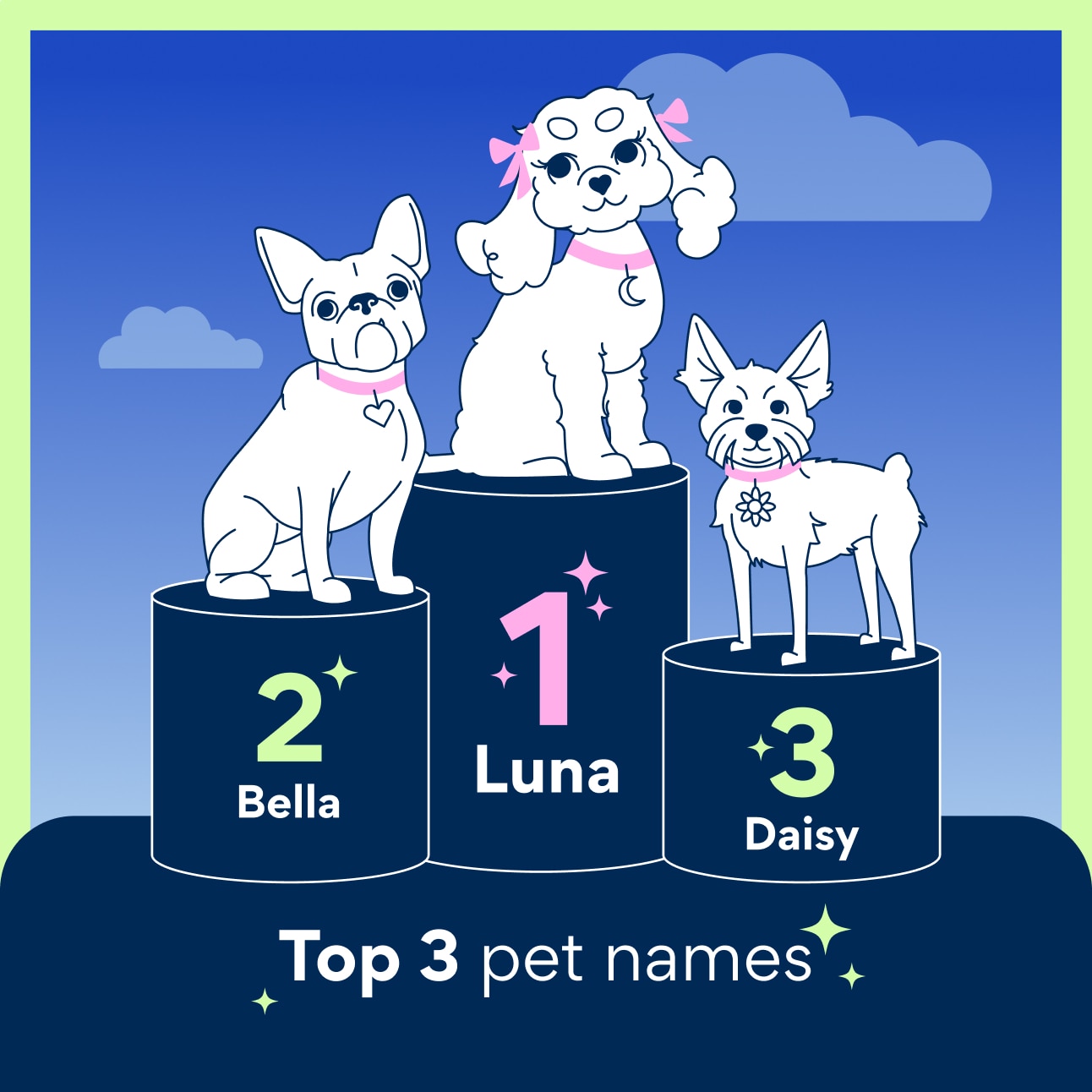Illustration of dogs on podiums with Luna at No. 1, Bella at No. 2, and Daisy at No. 3. Text reads "Top 3 pet names"