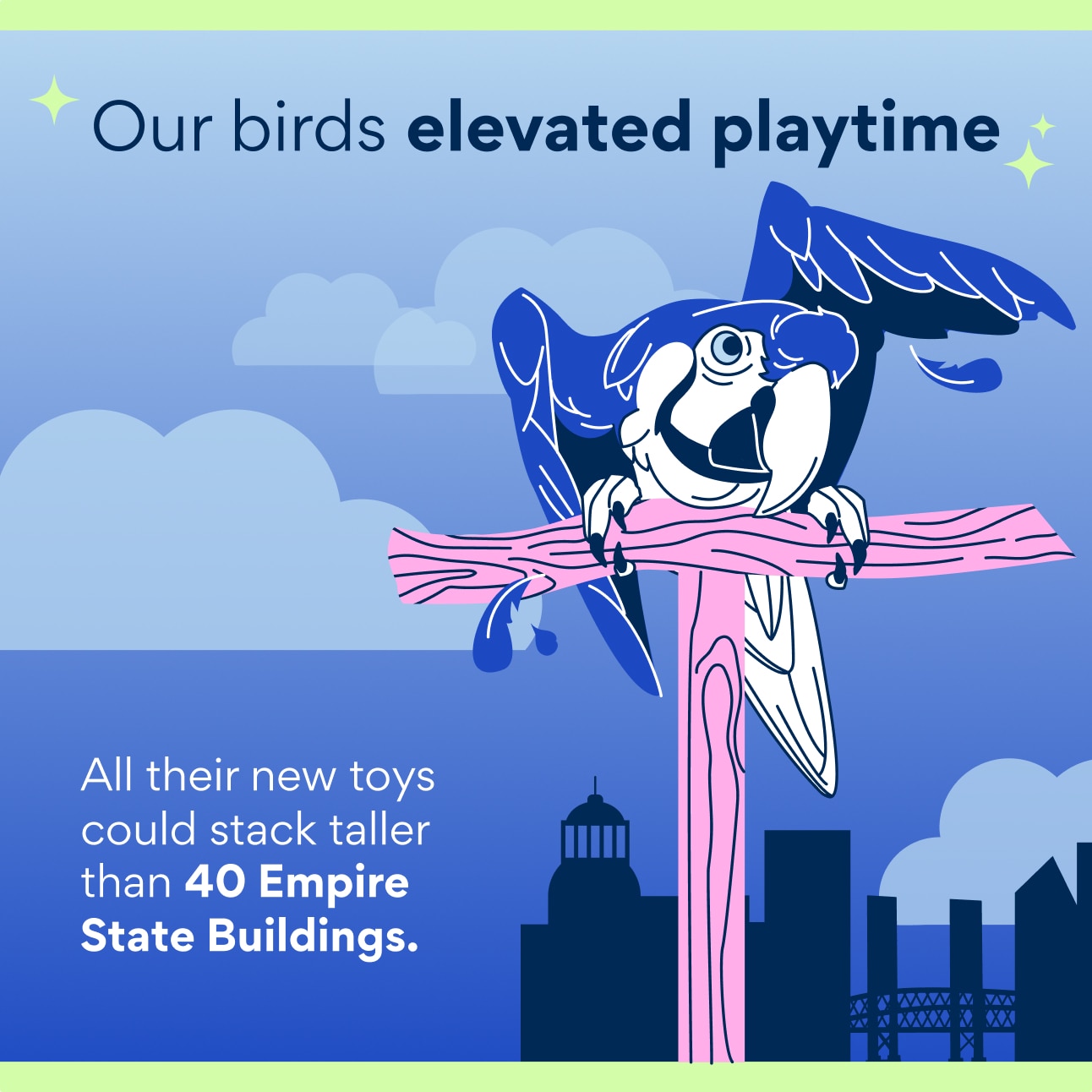 Photo of a parrot on a perch with a city skyline in the background. Text reads "Our birds elevated playtime. All their new toys could stack taller than 40 Empire State Buildings"