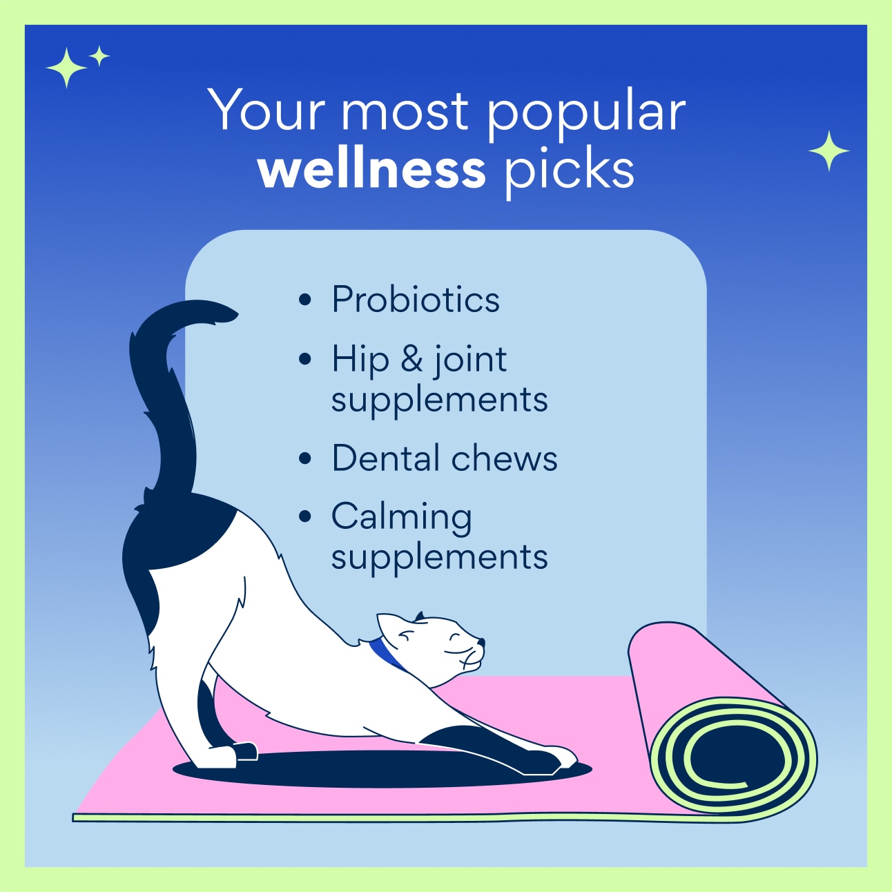 Illustration of a cat stretching on a yoga mat. Text reads, "Your most popular wellness picks: probiotics, hip & joint supplements, dental chews, calming supplements