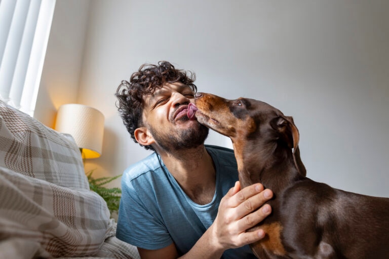 man being kissed by dog on his face.
