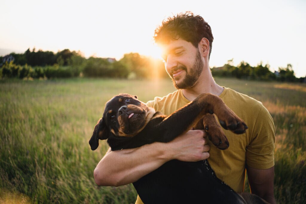 Man carrying puppy in a field where fleas and ticks may be present. When to start flea and tick treatment for puppies depends on several factors.