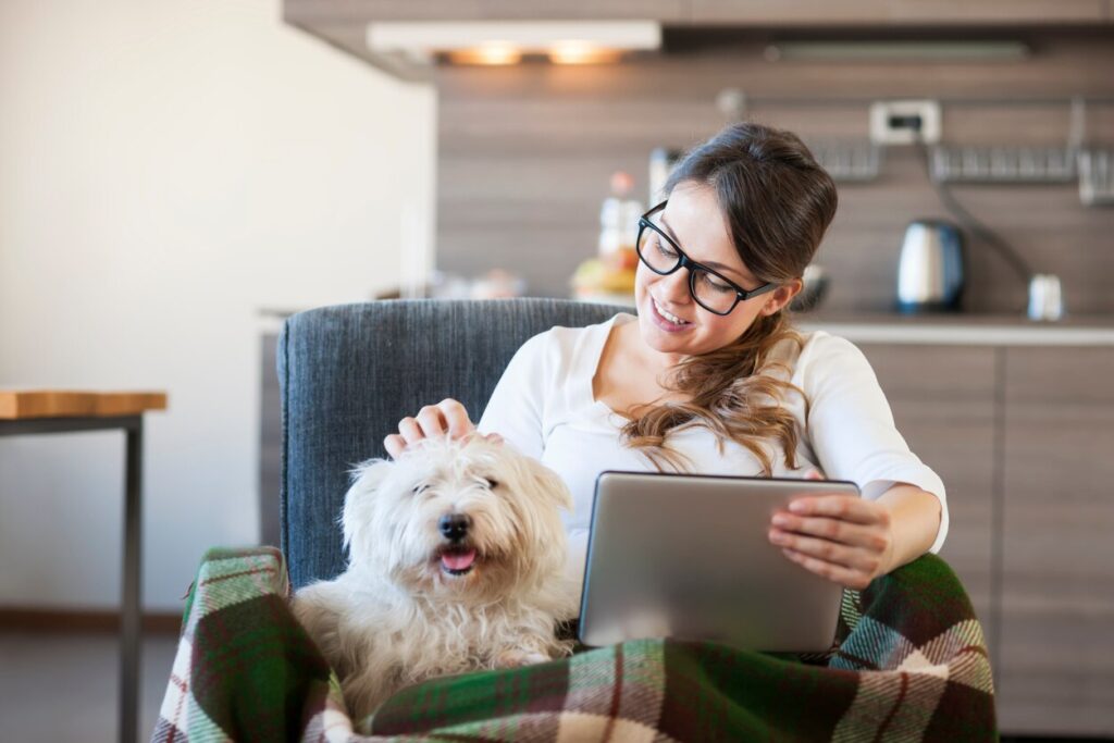 woman-sitting-on-cough-with-dog-and-laptop