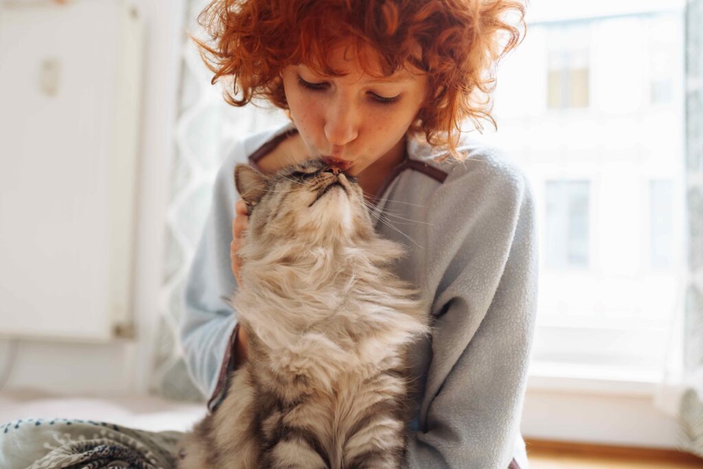 woman kissing a longhaired tabby cat on the head