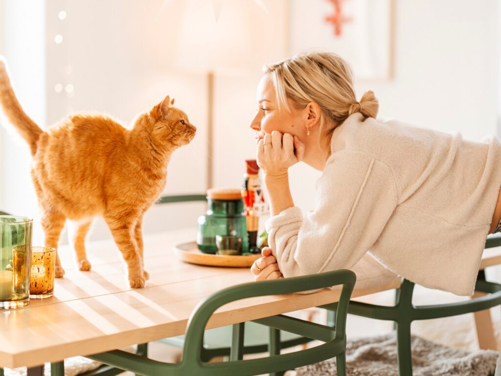 woman leaning on a kitchen table and looking at her orange tabby cat, which is standing on the table