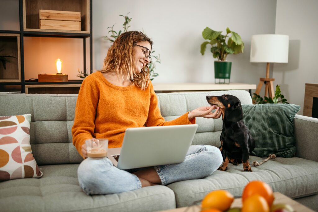 help with vet bills; a dog sits with his pet parent as she pays bills.