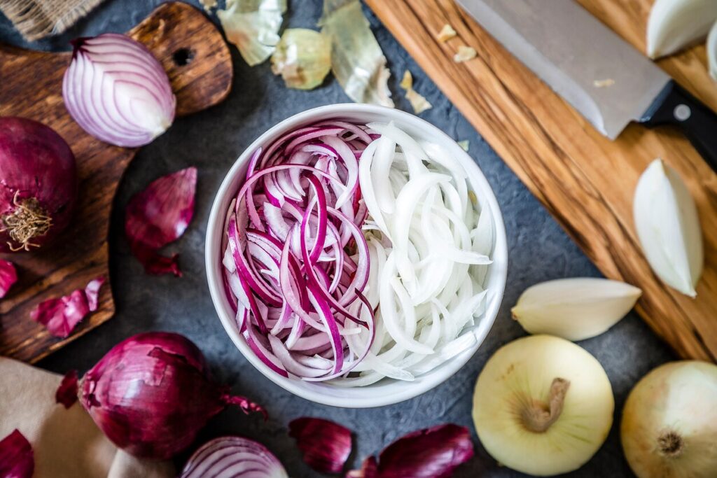 bowl of chopped red and white onions
