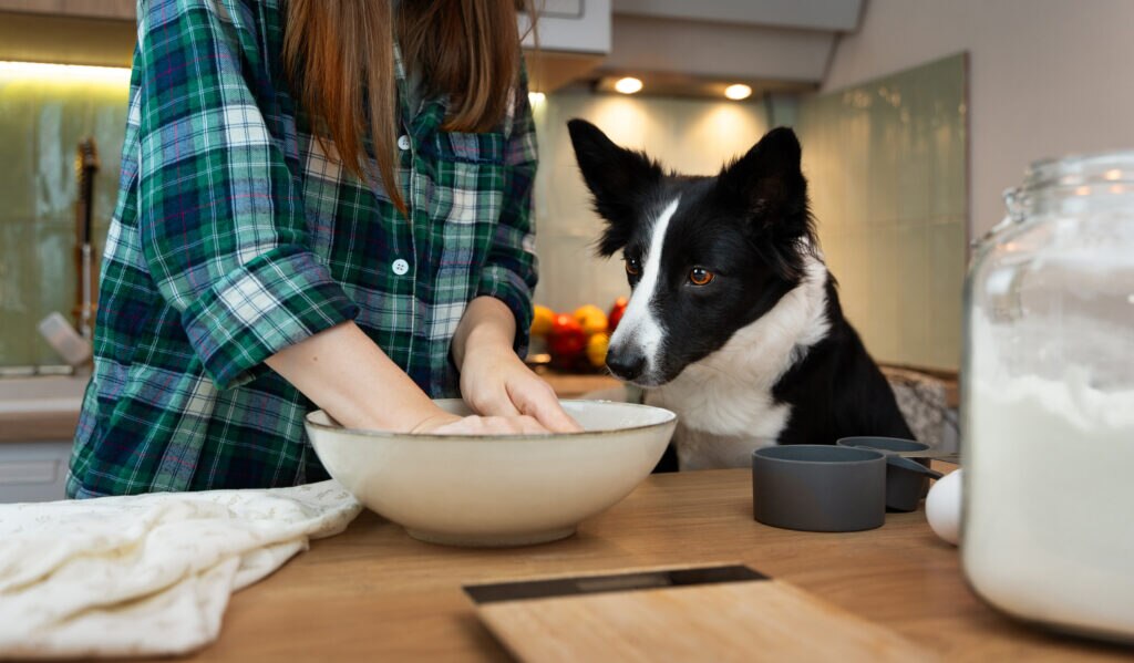 a woman prepares a batter of cookie dough with as a dog watches her.