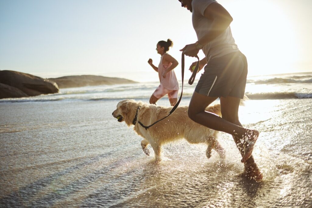 man-and-woman-running-with-dog-on-beach