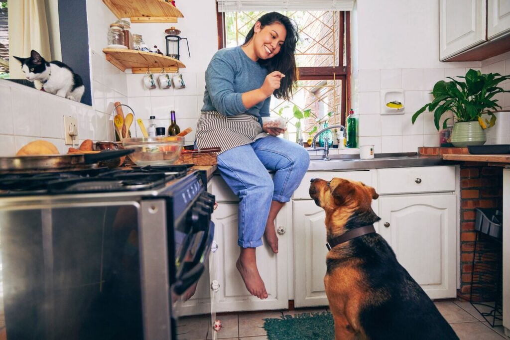 woman sitting on the kitchen counter and giving her dog a treat