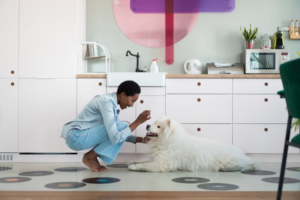 woman feeding treat to husky dog on kitchen floor