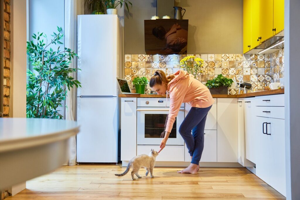 woman-petting-cat-in-kitchen