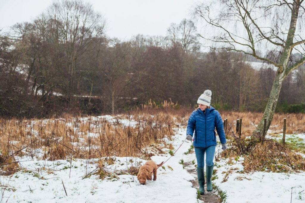 A woman walks her dog in the winter.