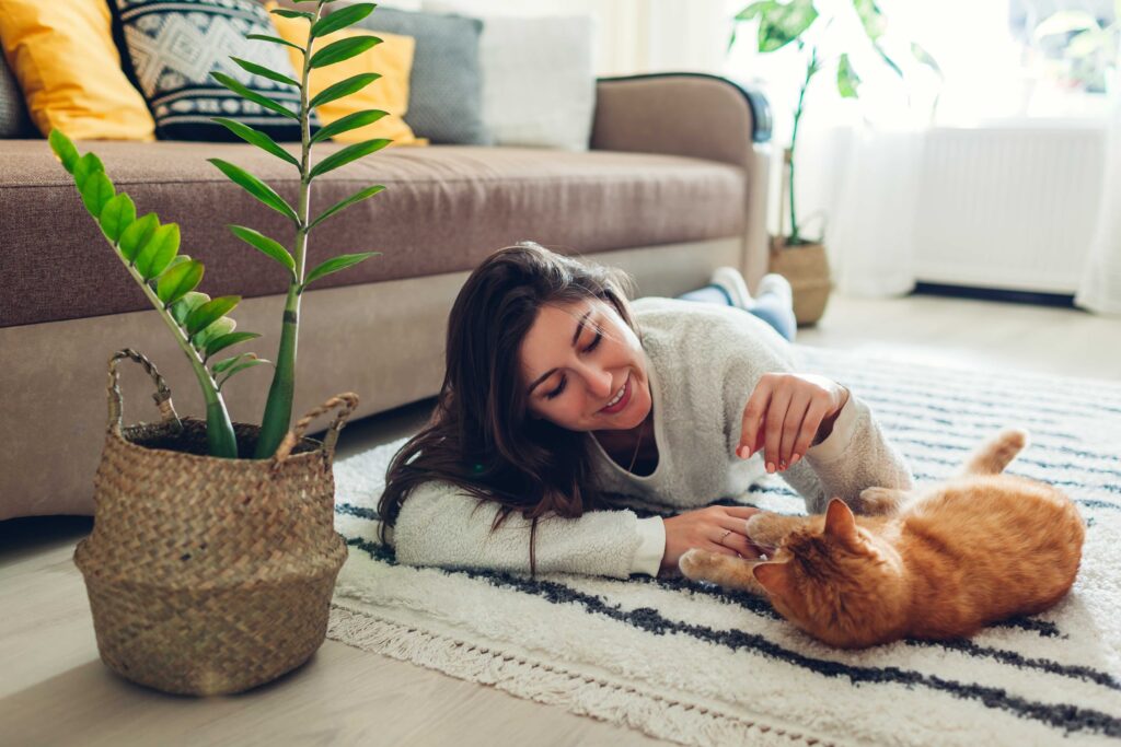 woman playing with an orange cat on the living room floor