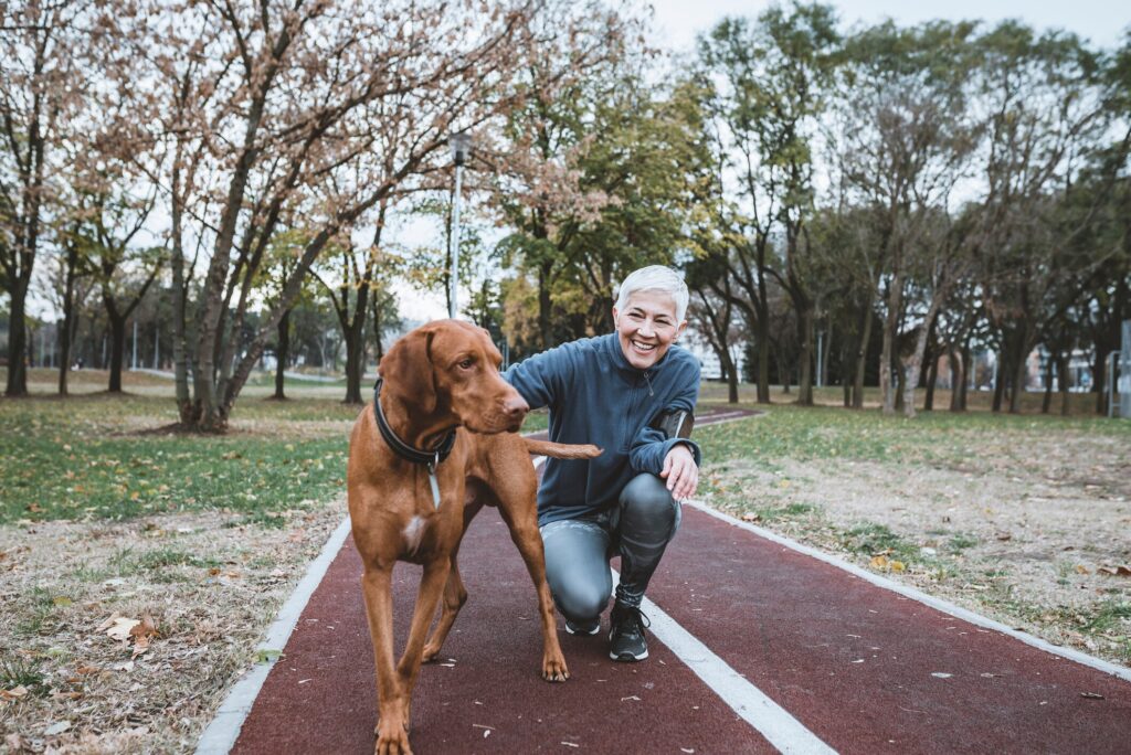 A dog and their pet parent prepare for a run.