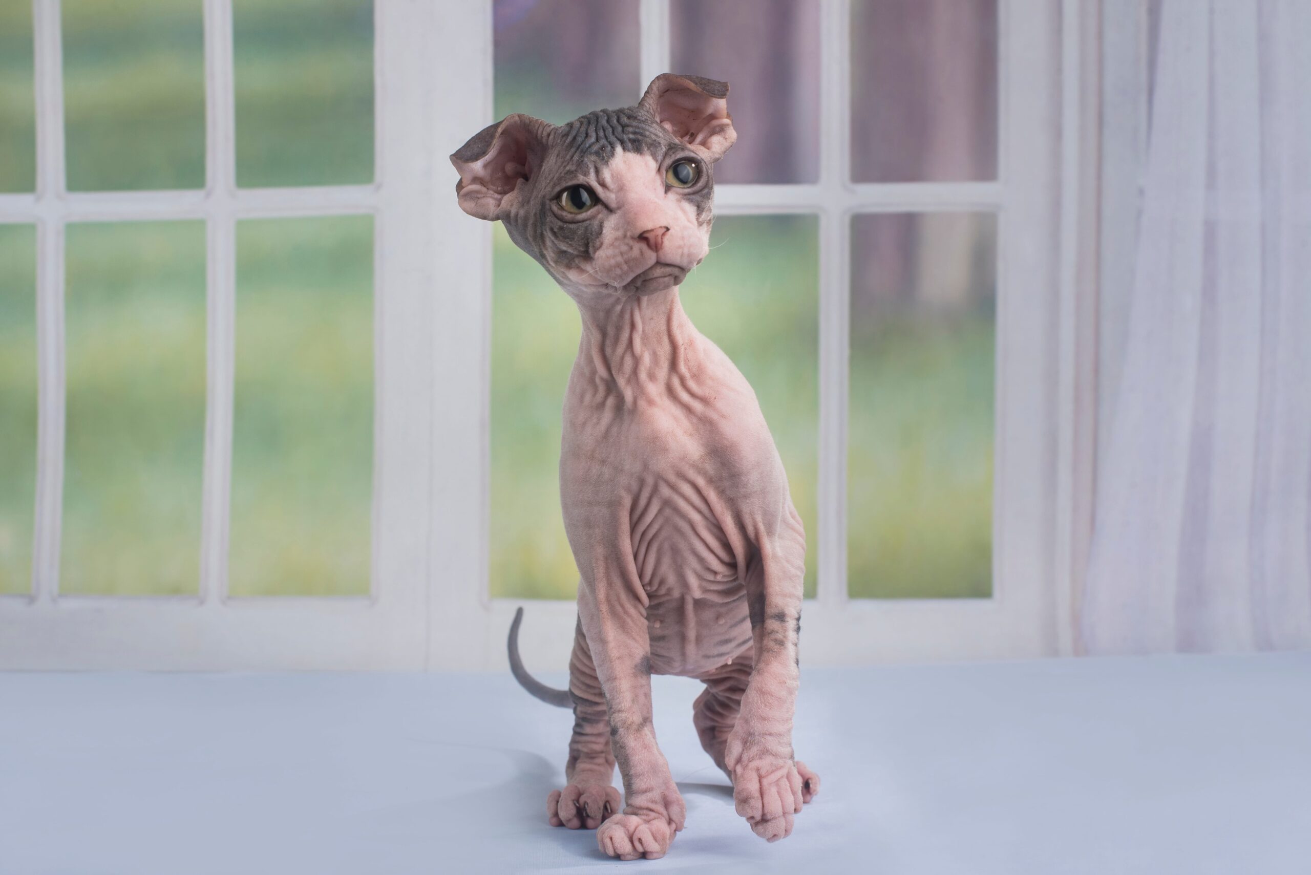 hairless ukrainian levkoy kitten standing in front of a window backdrop