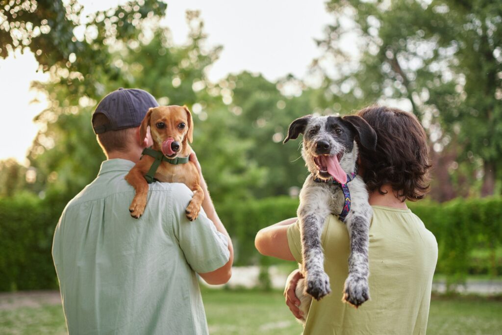 two people carrying dogs over shoulder during dog foster event.