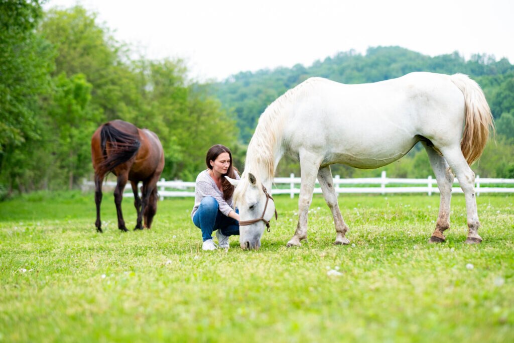 Woman petting horse in a field