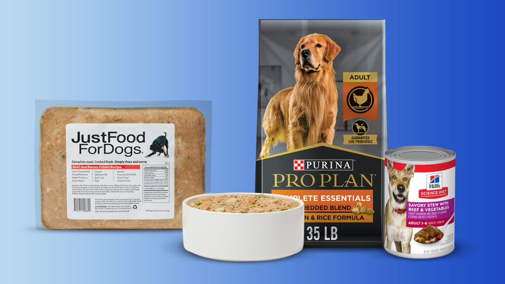 A collage of a few of the best dog foods, recommended by vets, including Purina kibble, Hill's wet food, and Just Food for Dogs fresh food