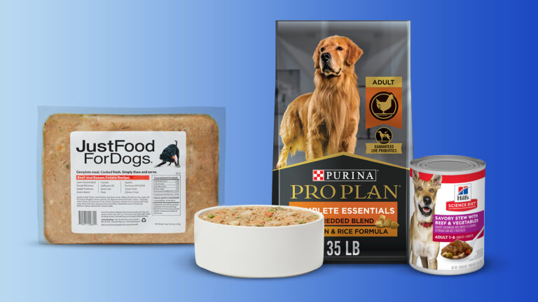 A collage of a few of the best dog foods, recommended by vets, including Purina kibble, Hill's wet food, and Just Food for Dogs fresh food