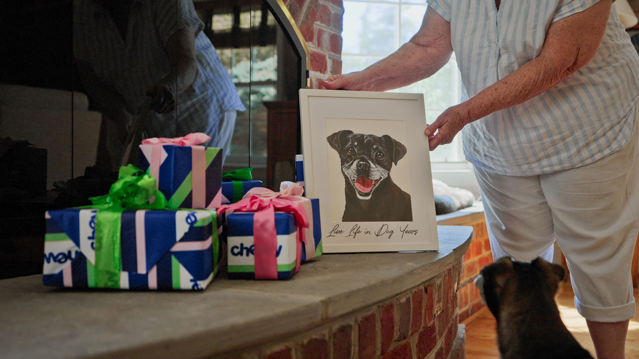 Brooke's mother places a portrait of Dray on the fireplace mantle. The portrait includes Brooke's motto: "Live life in dog years."