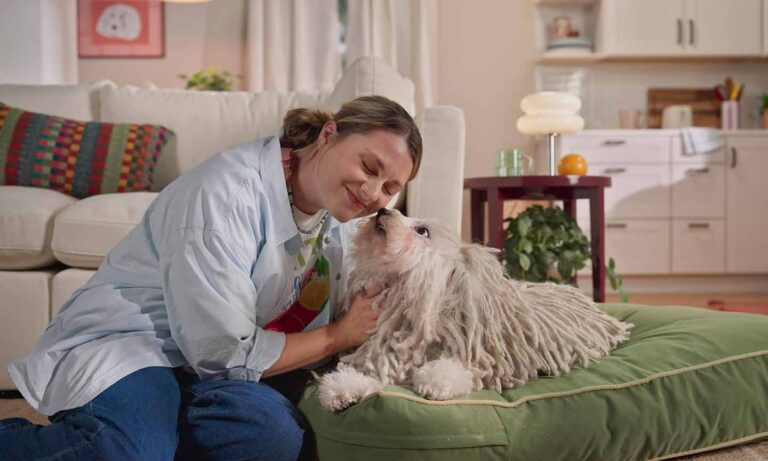 A woman snuggling her dog who is laying on a clean dog bed