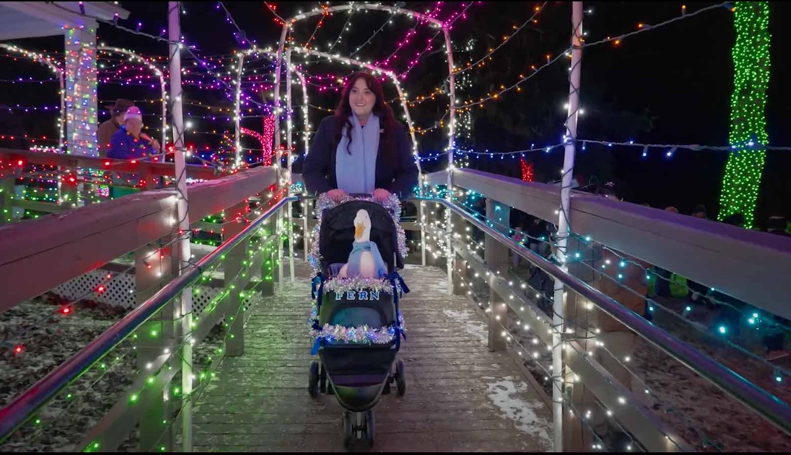 Aspen and Fern stroll together through the holiday lights