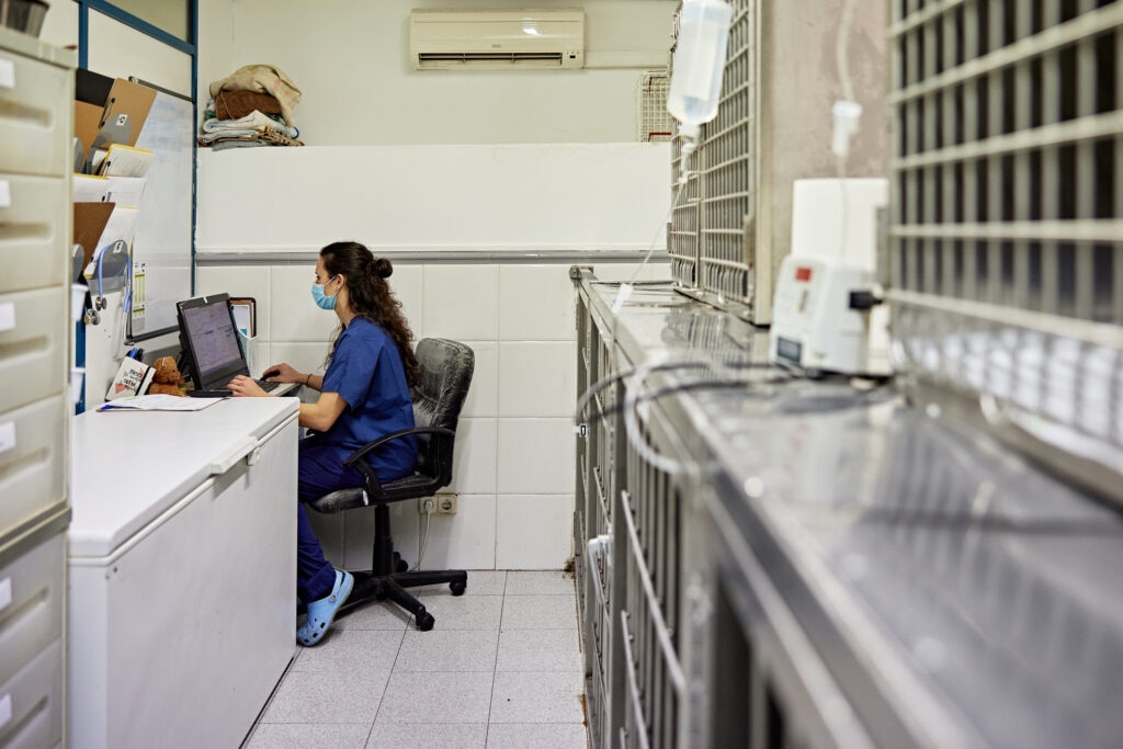 a stressed vet tech looks at computer screen at vet office.