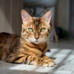 A Bengal cat lies in a sun spot
