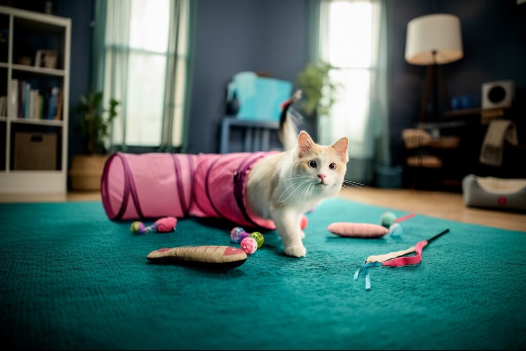 A cat emerges from a play tunnel surrounded by toys. Learn how long a cat’s attention span is.