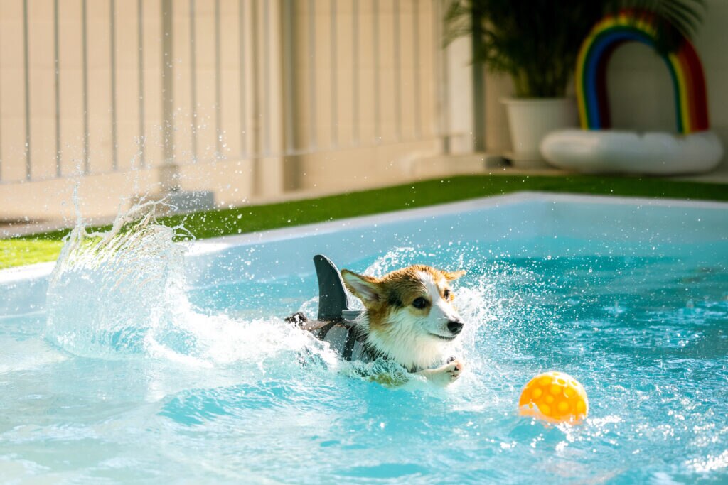 ards in dogs; a dog swims in a swimming pool.