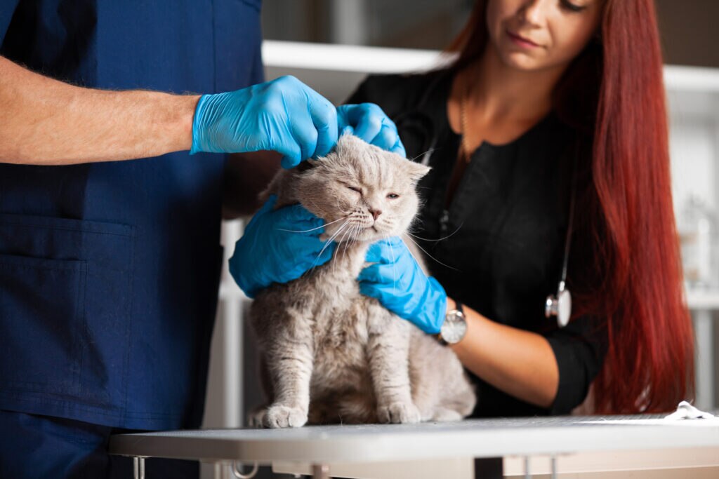 shock in cats; two veterinarians examine a cat in a vet’s office.