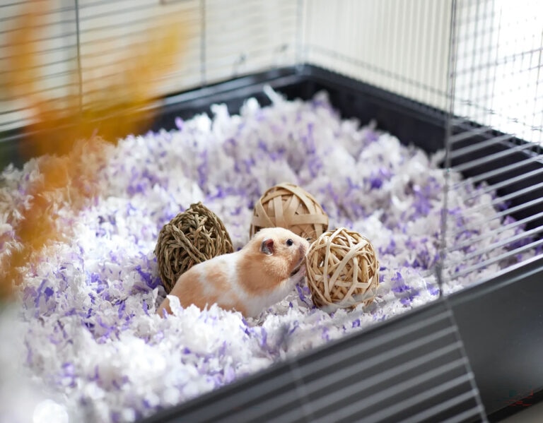 hamster bedding; a hamster plays in their enclosure, surrounded by soft bedding.