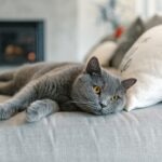 gray british shorthair cat lying on a couch