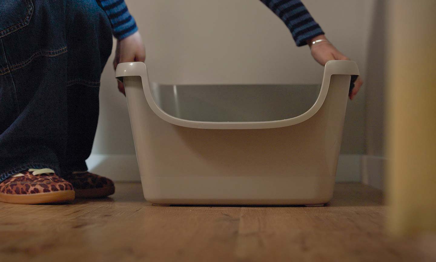 woman moving litter box