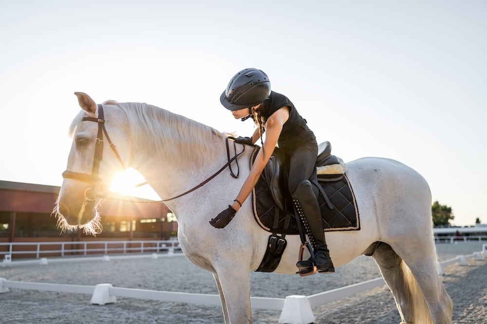 Woman training her horse at sunrise