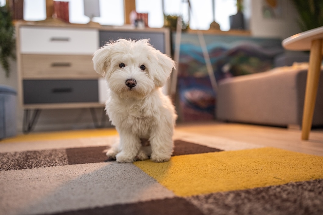 Adorable white Maltese dog sitting indoors.