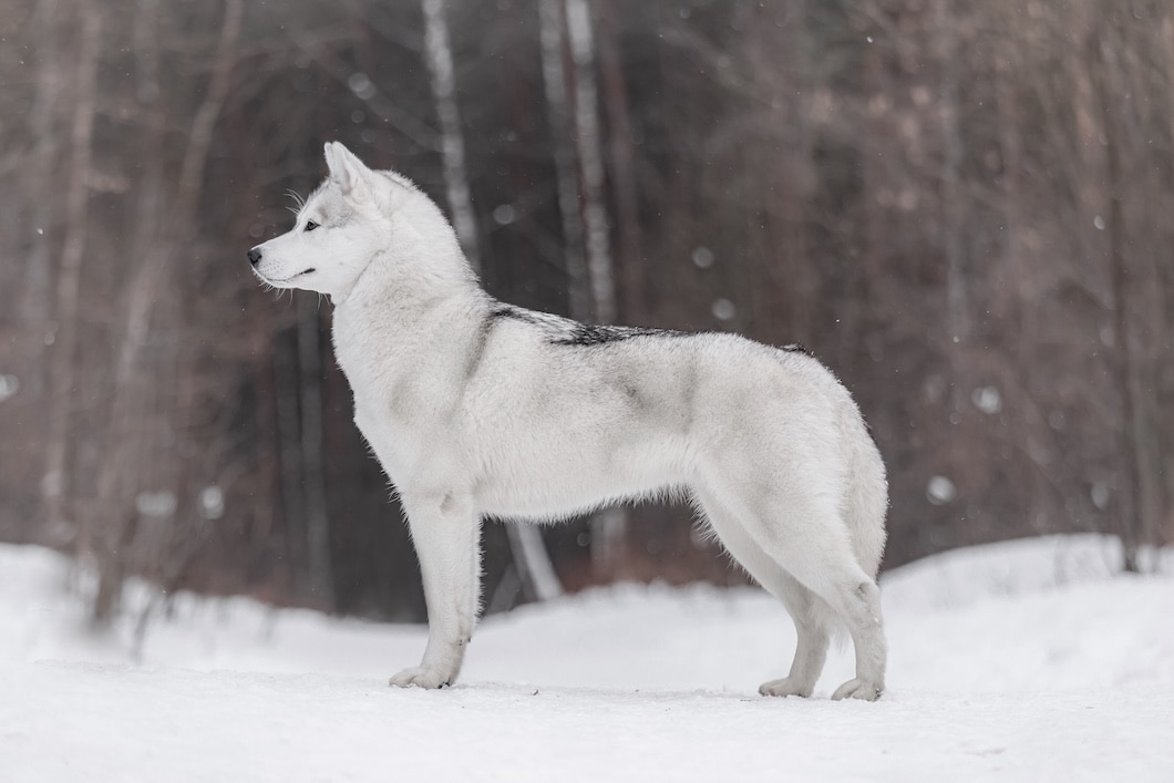 White Siberian Husky standing in profile on snowy ground outdoors.