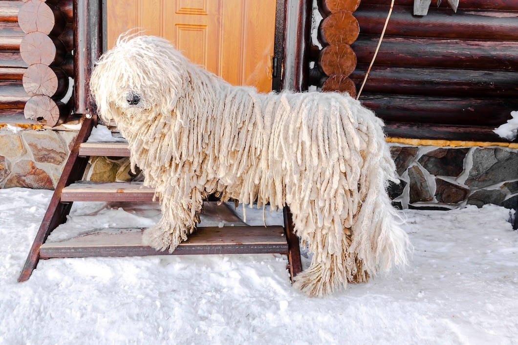 White Komondor dog with long corded fur standing outdoors on grass.