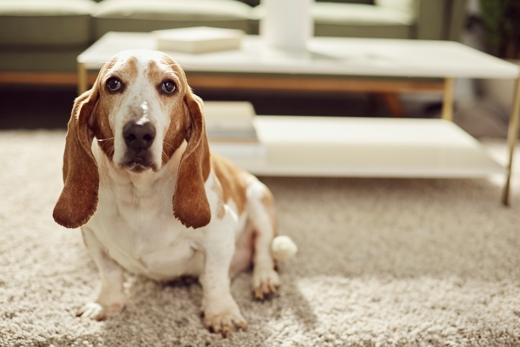 A Basset Hound sitting on white carpet inside a house.