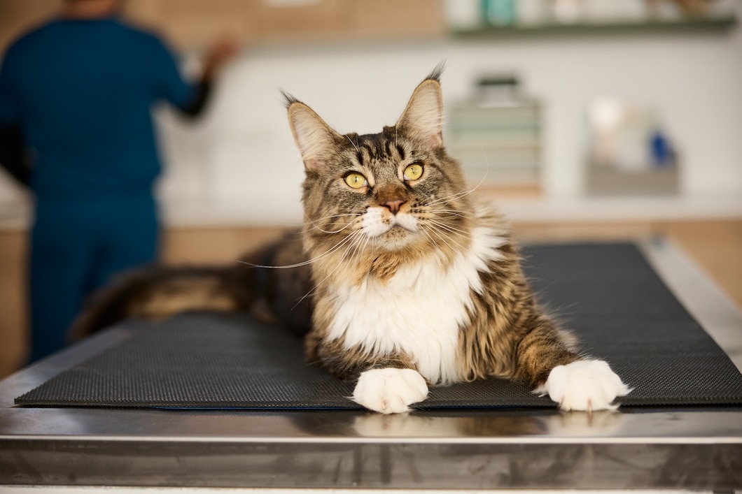A large long-haired tabby cat with white paws rests on an exam table at a veterinary clinic.
