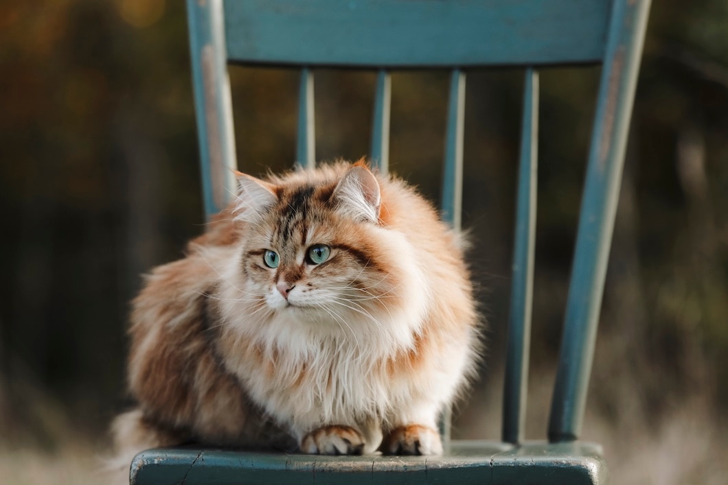 A beautiful 2-year-old siberian cat sitting on a chair outside.