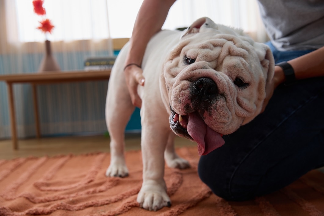 English Bulldog indoors beside a person on a rug.