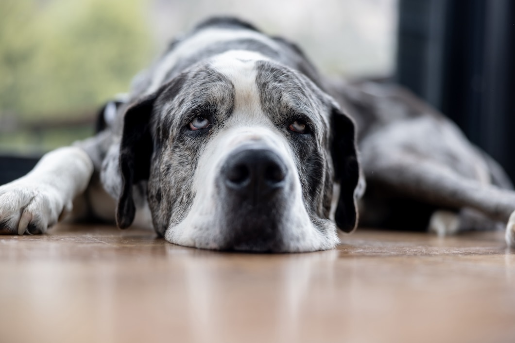 Great Dane lying comfortably on a dog bed.