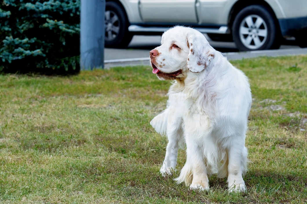 Clumber Spaniel lying down and looking off to the side.