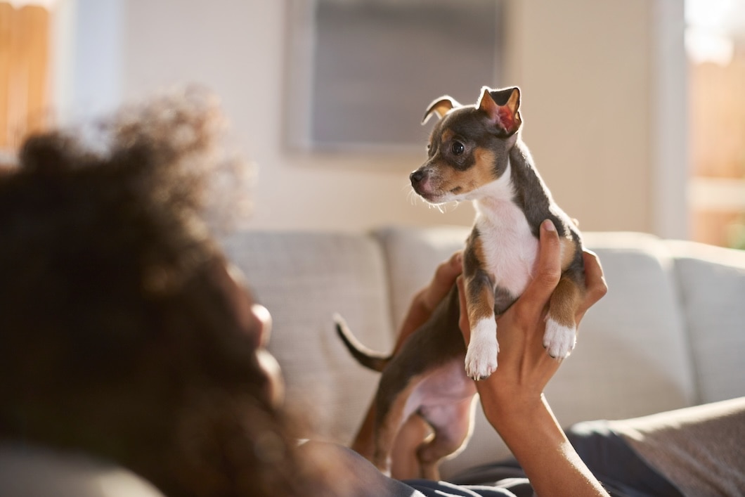 Chihuahua puppy being held on a couch indoors.
